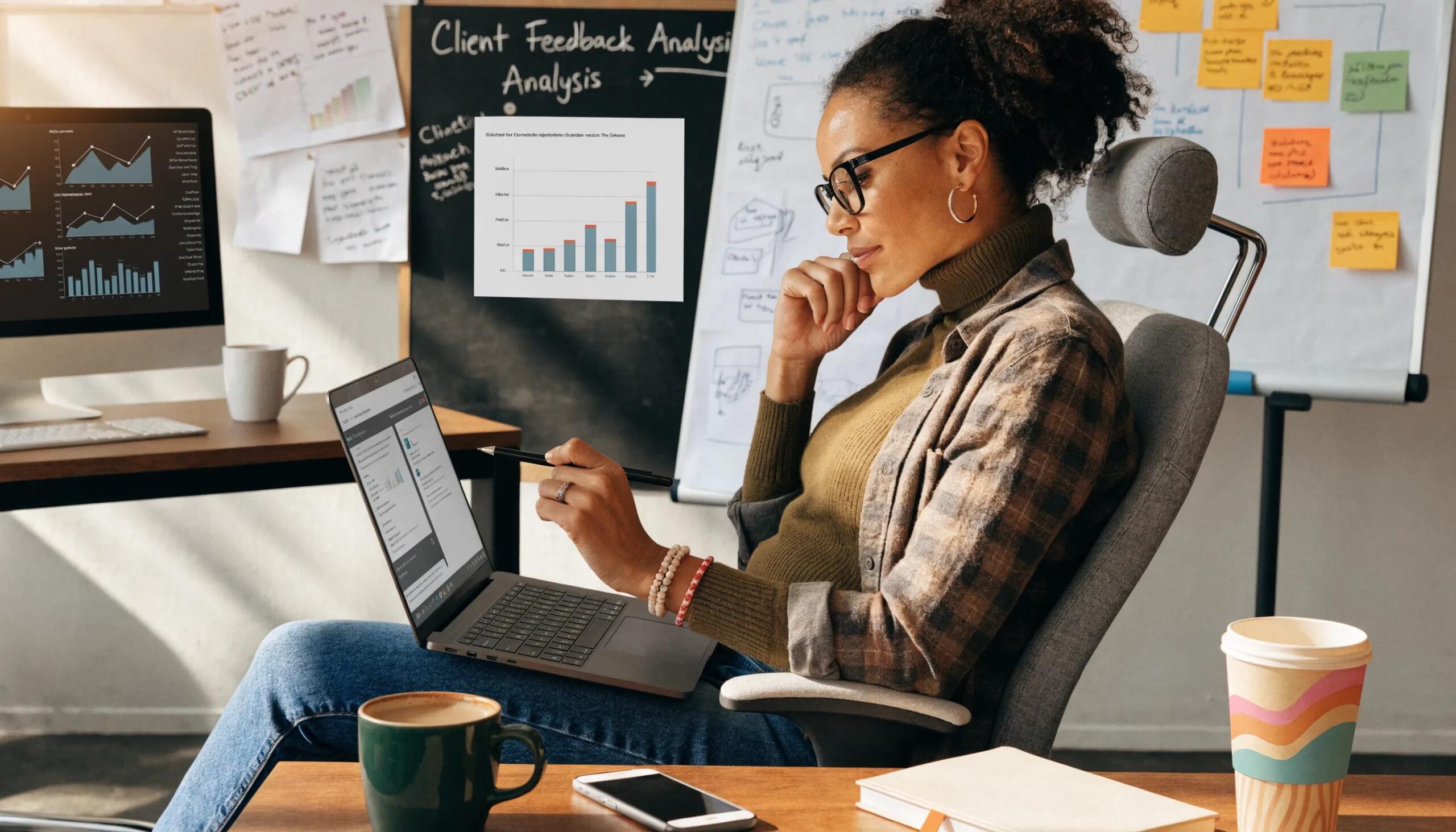 Mental health professional conducting a client growth audit in a modern workspace, assessing marketing strategies for improvement