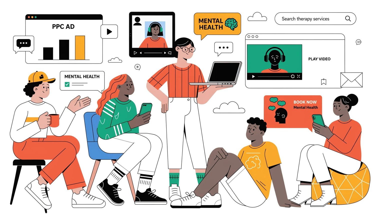 Therapists collaborating with digital marketing visuals, emphasizing Google Ads for mental health services
