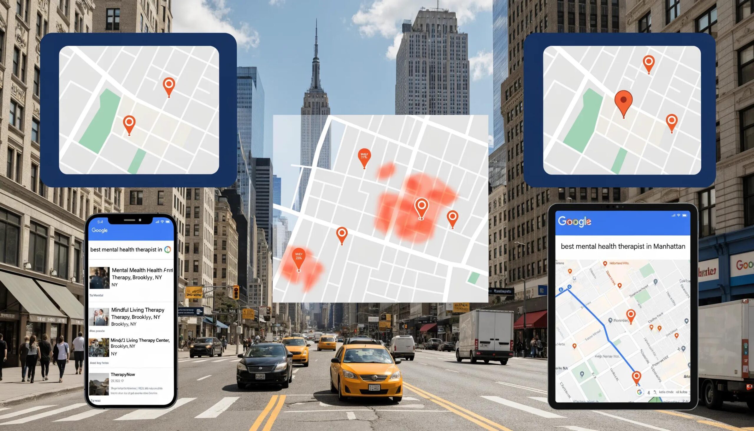 Visual representation of local SEO for therapists on a digital map