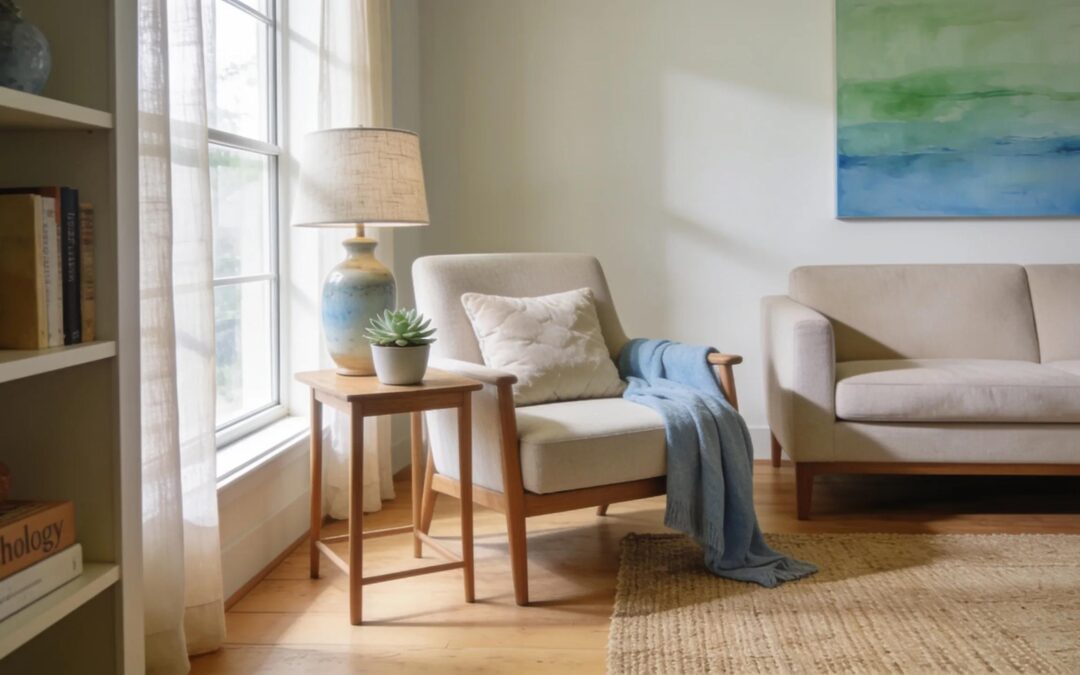 Comfortable therapy room interior with armchair, lamp, and artwork for client consultations.