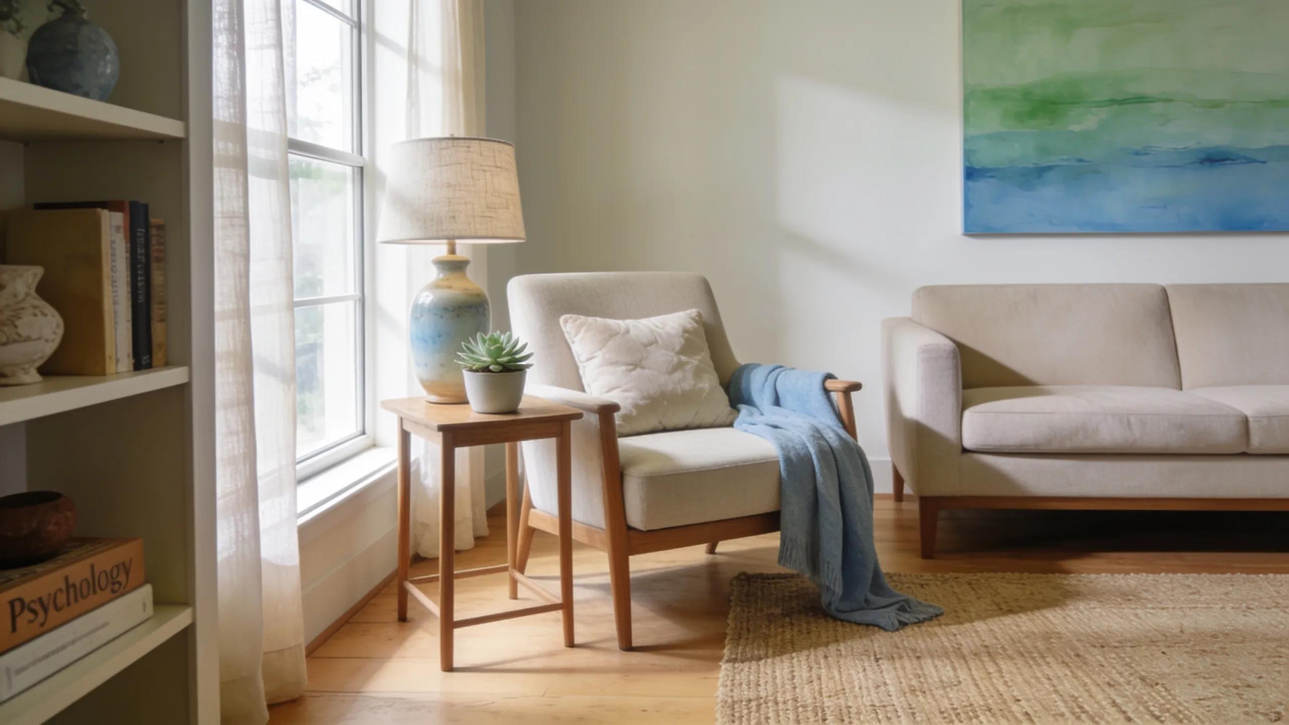 Cozy therapy room interior with armchair, lamp, and calming abstract art for mental health practice.