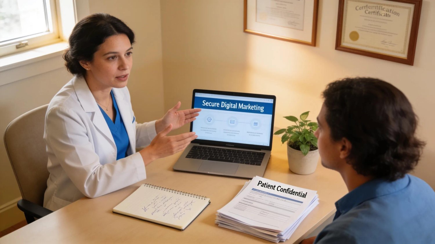 Mental health professional consulting with a patient in a secure and compliant marketing environment