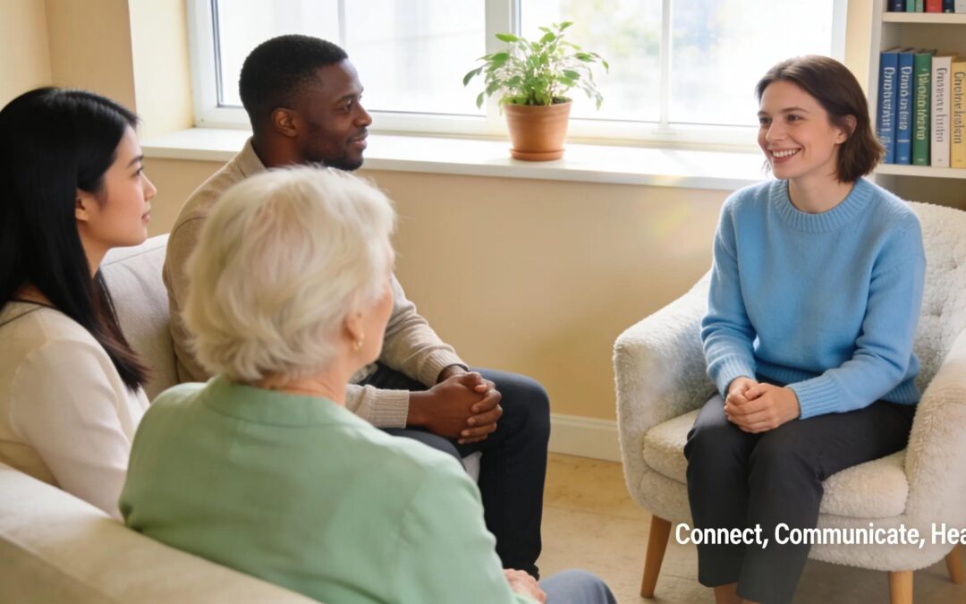 Diverse group of mental health professionals collaborating and communicating in a therapy setting.