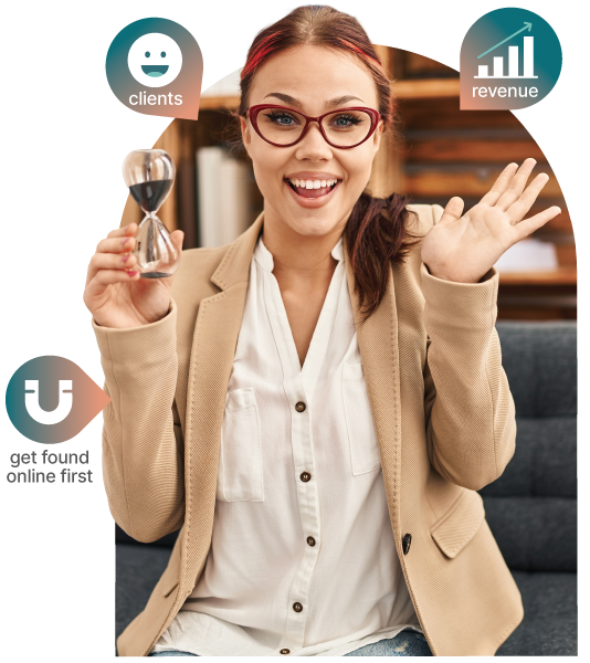 Happy woman therapist illustrating client growth and revenue for mental health practices.