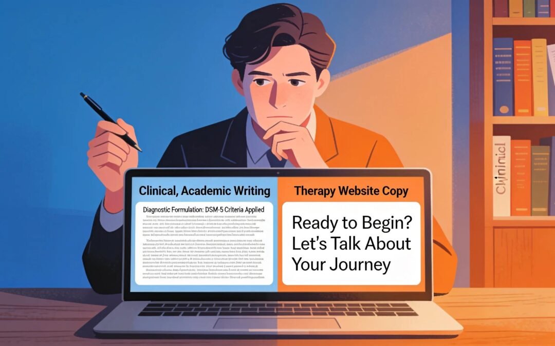 Many therapists struggle with website copy because their training reinforces clinical, academic writing rather than