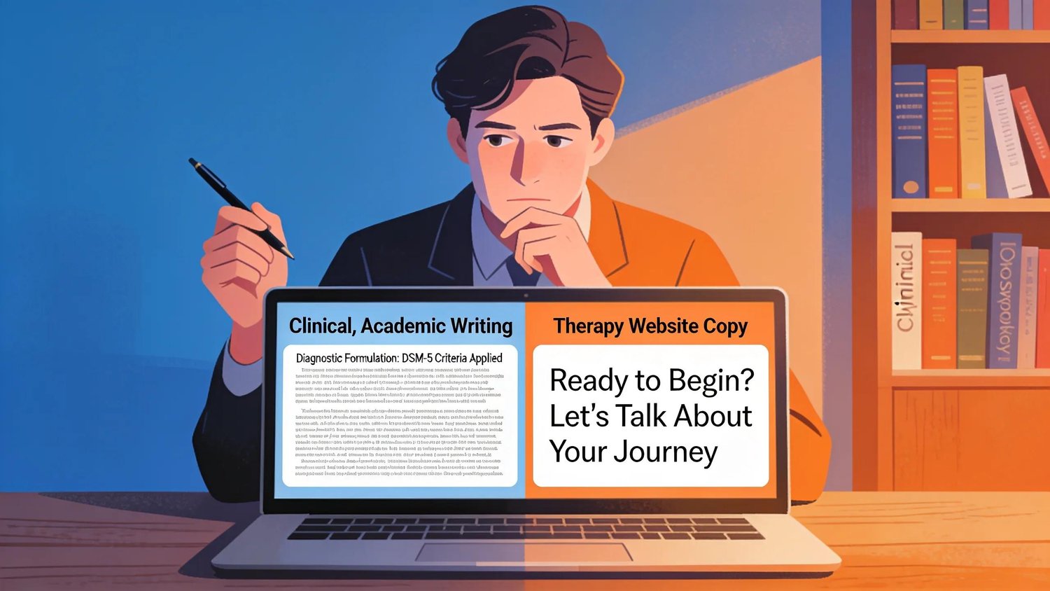 Many therapists struggle with website copy because their training reinforces clinical, academic writing rather than