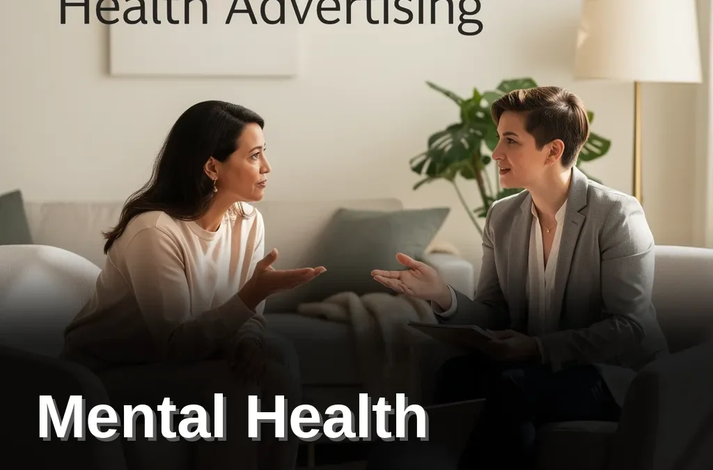 Therapist and marketer reviewing a compliant mental health ad campaign